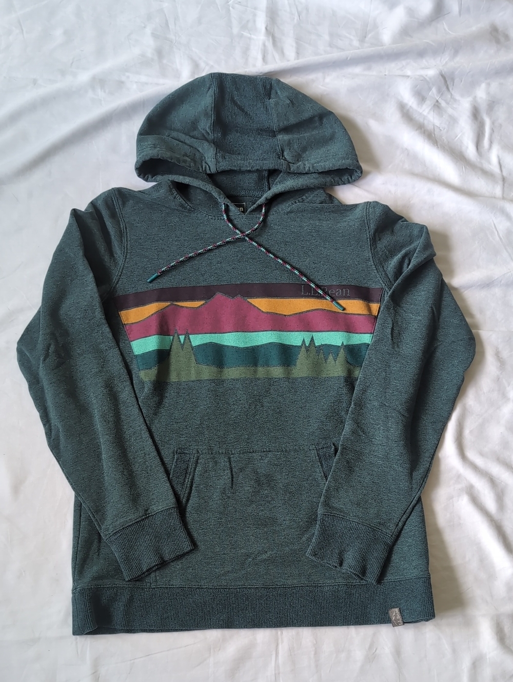 L.L. Bean Women's Dark Green Hooded Pullover with Multicolor Mountain Stripe